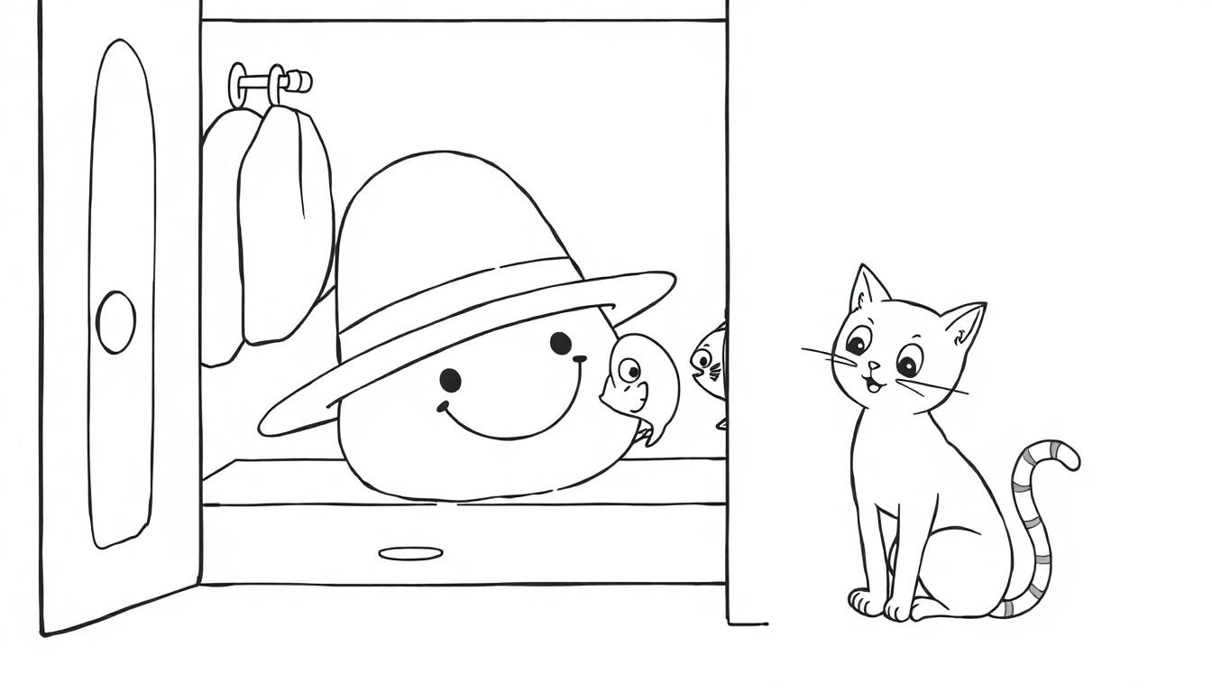 Kleurplaat met een kast vol vrolijke visjes en een grote glimlachende muts, een kat die nieuwsgierig kijkt, alles in zwart-wit voor een kleurboek voor kinderen.