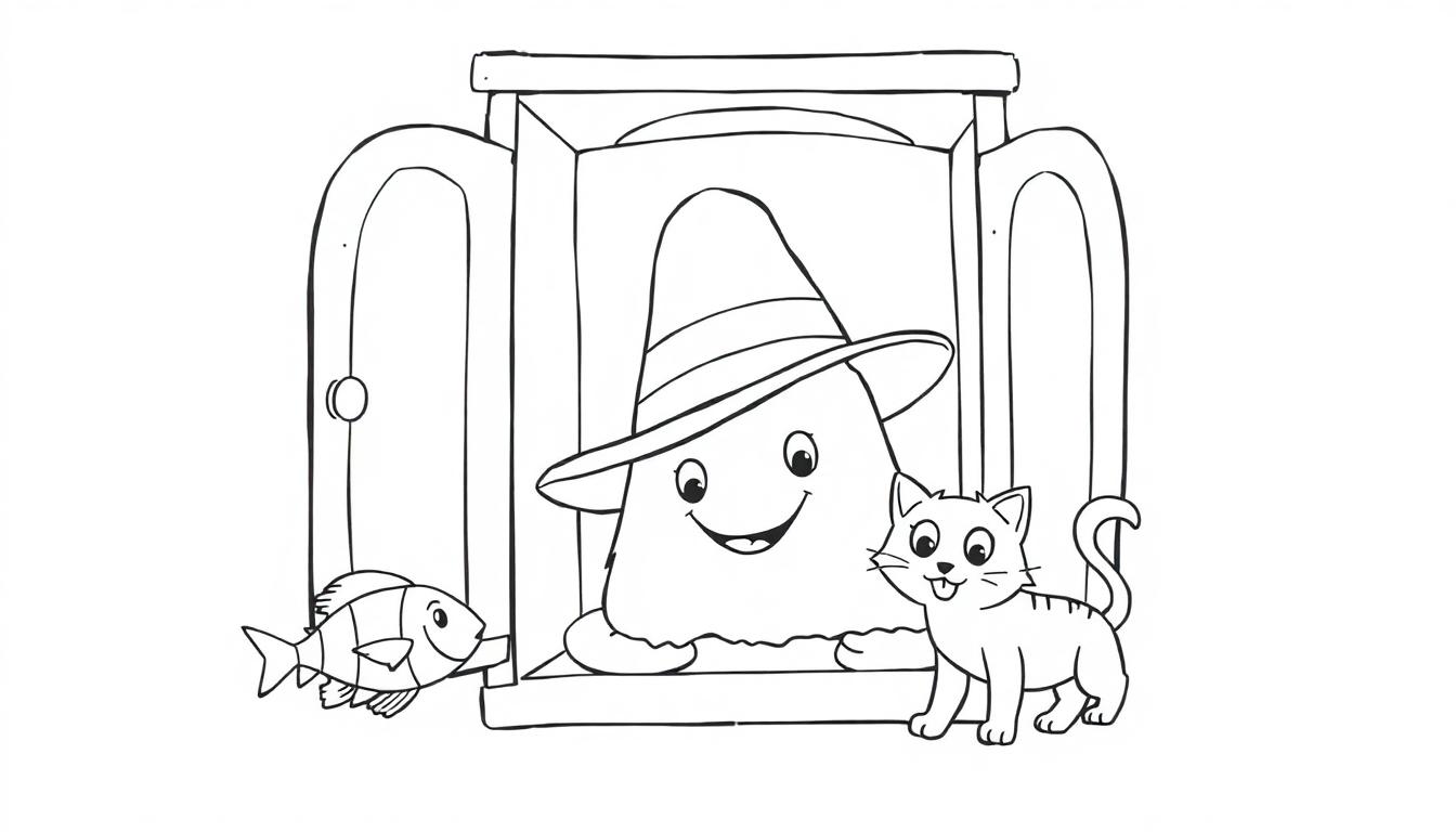 Een kleurplaat met een lachende persoon met hoed, een blije kat, en een vrolijke vis, allemaal getekend met eenvoudige lijnen in een omlijsting die op een raam lijkt.