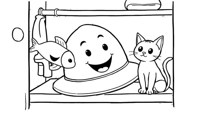 Lachende muts in de kast met een kat en een vis, allemaal fijne kleuren voor een kleurplaat voor kinderen.