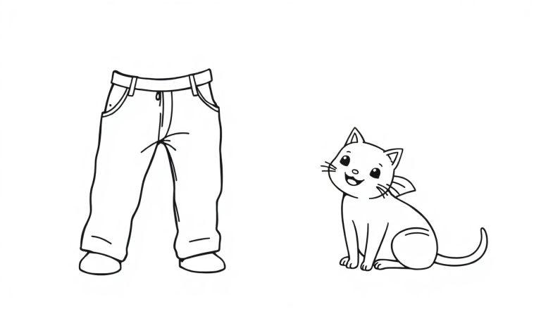 Een kleurplaat met een lachende broek en een vrolijke kat, beiden in schetsstijl zonder kleuren.
