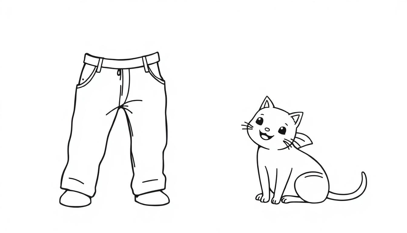 Een kleurplaat met een lachende broek en een vrolijke kat, beiden in schetsstijl zonder kleuren.