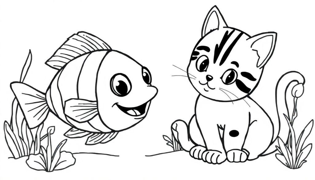 Lachende vis en schattige kat in een kleurplaat met planten, leuk voor kinderen.