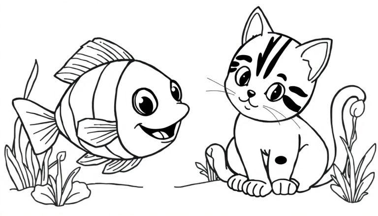 Lachende vis en schattige kat in een kleurplaat met planten, leuk voor kinderen.