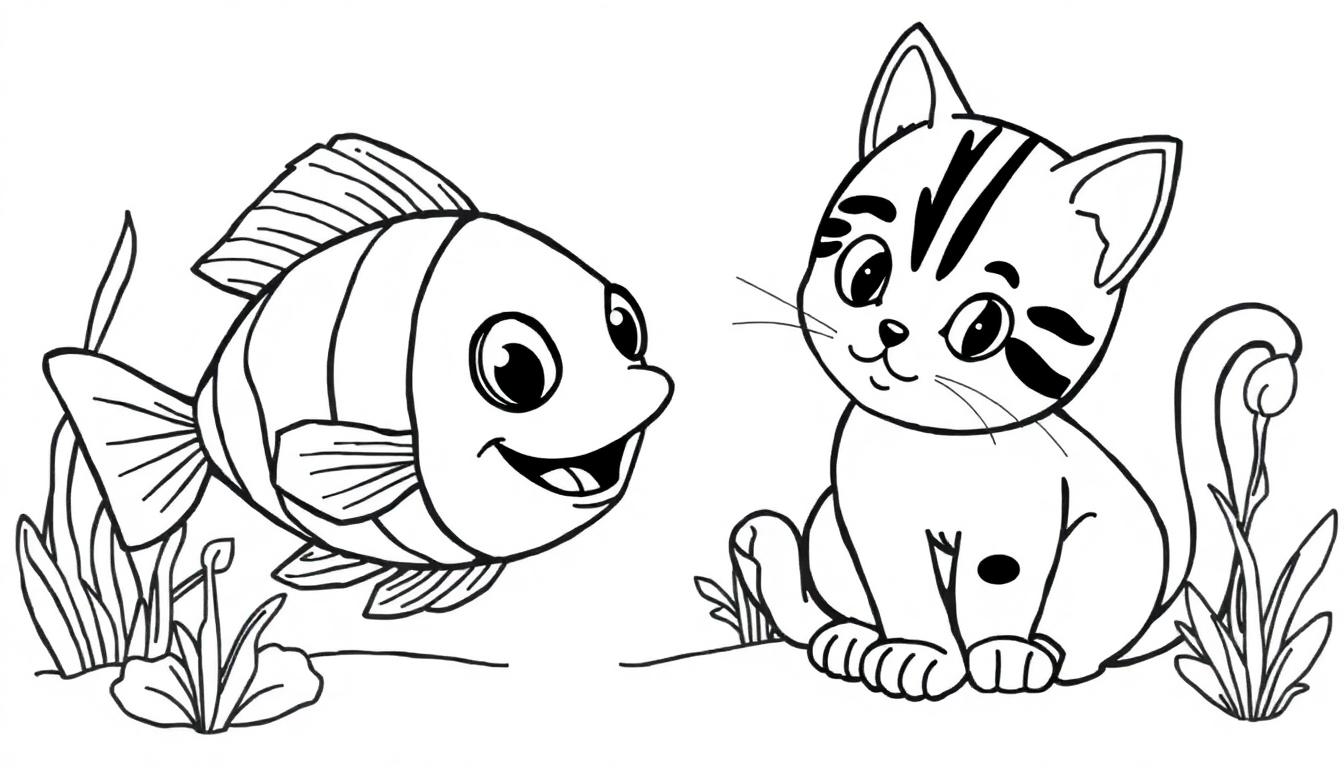 Lachende vis en schattige kat in een kleurplaat met planten, leuk voor kinderen.