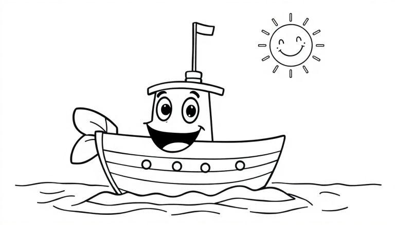 Lachende visboot en zon op een vrolijke kleurplaat voor kinderen.