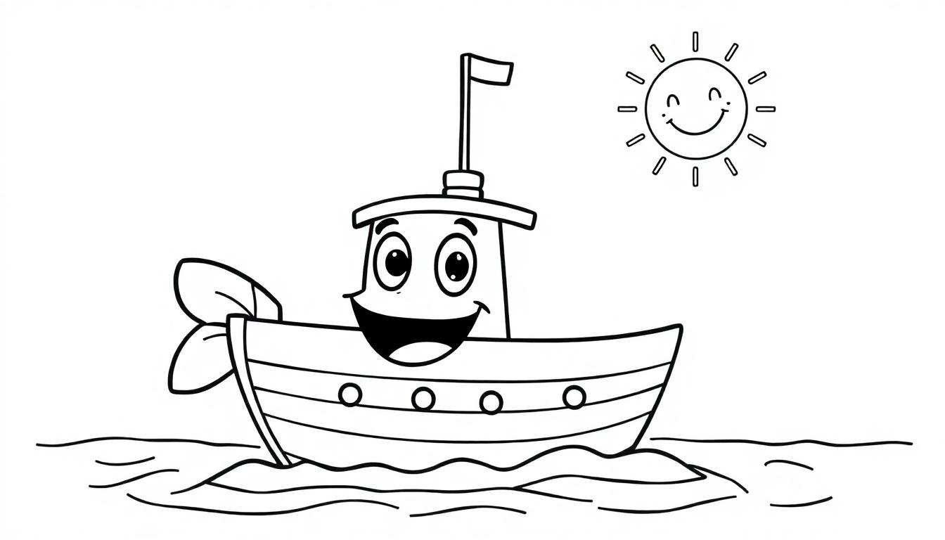 Lachende visboot en zon op een vrolijke kleurplaat voor kinderen.