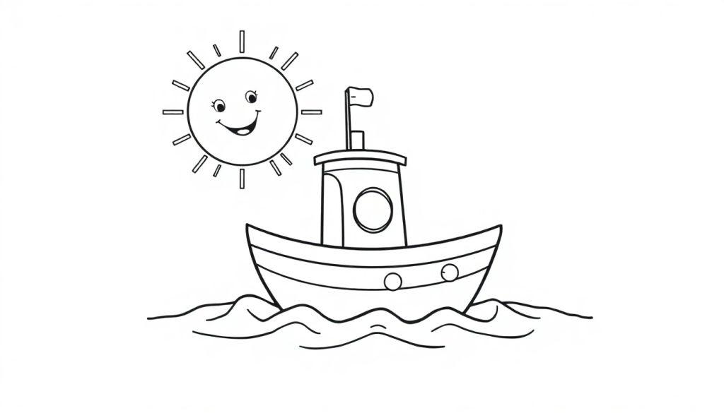 Kleurplaat van een lachende visboot en een vrolijke zon voor kinderen