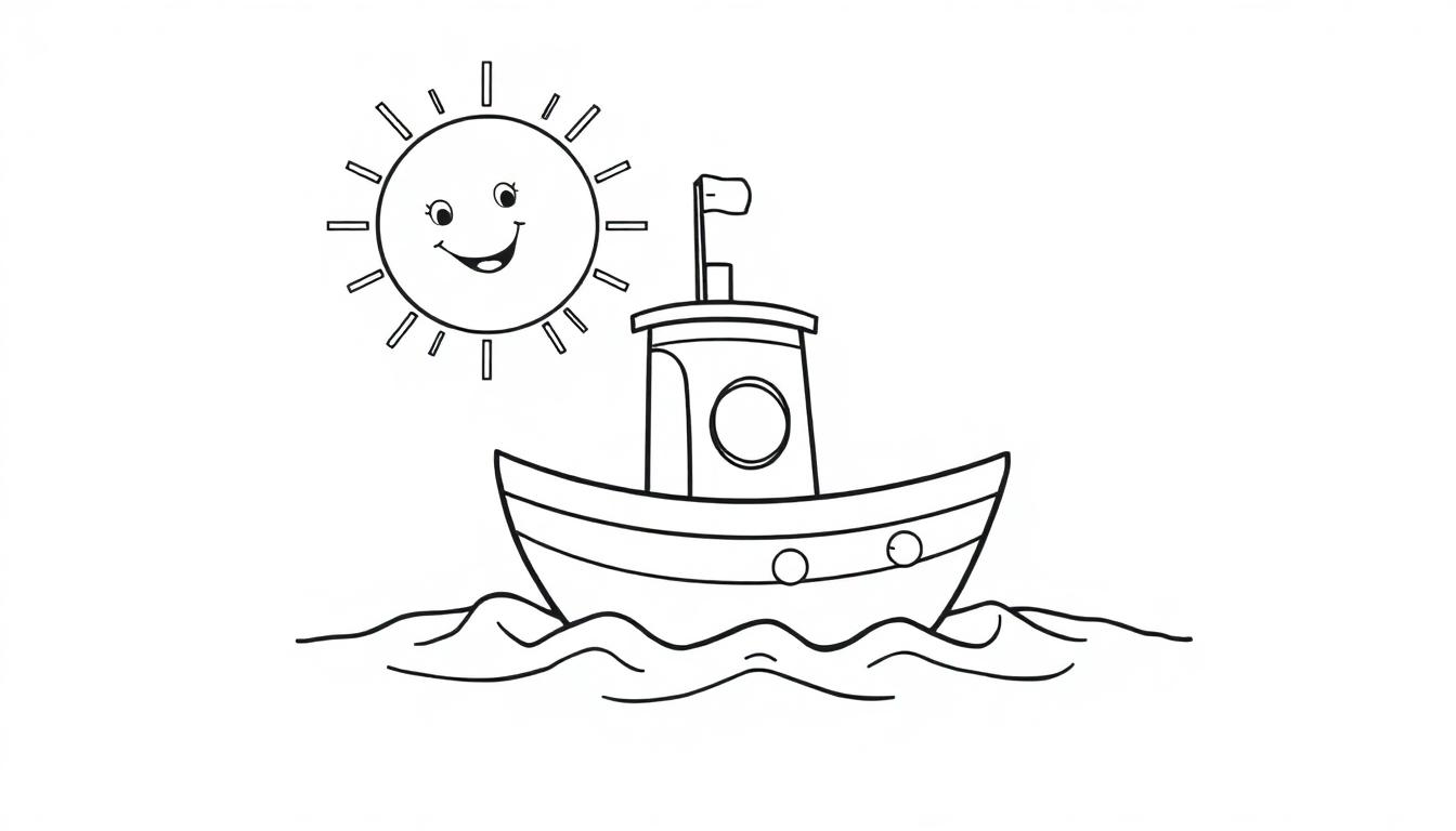 Kleurplaat van een lachende visboot en een vrolijke zon voor kinderen