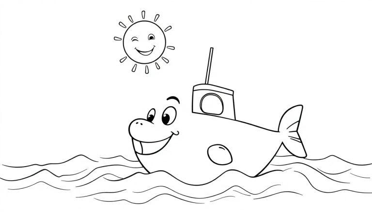 Lachende onderzeeër met gezicht en grote ogen, zwemt op golvend water onder een stralende zon met één oog dat knipoogt. Dit is een vrolijke kleurplaat voor kinderen.