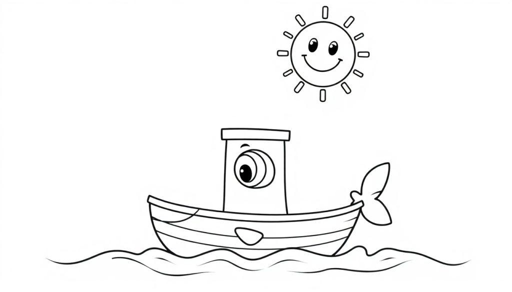 Lachende visboot en zon-kleurplaat voor kinderen. Een vrolijke tekening met een schattige boot, een grote lachende zon en een speelse zee, perfect voor een kleurboek.