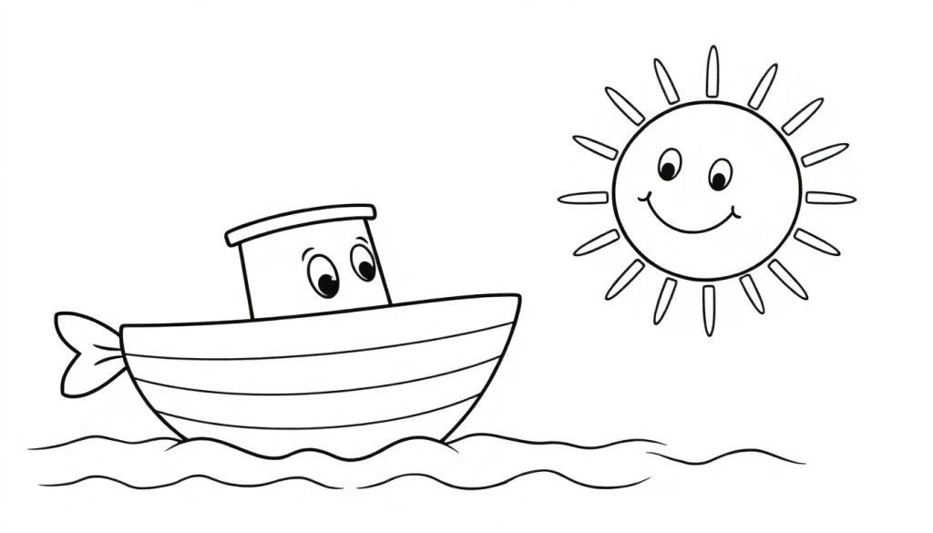 Kleurplaat van een vrolijke visboot met ogen en een vriendelijke uitdrukking, onder een lachende zon, op golvend water.