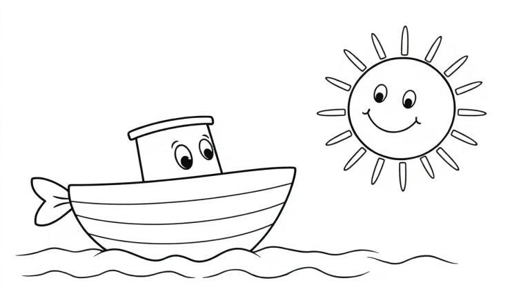 Kleurplaat van een vrolijke visboot met ogen en een vriendelijke uitdrukking, onder een lachende zon, op golvend water.