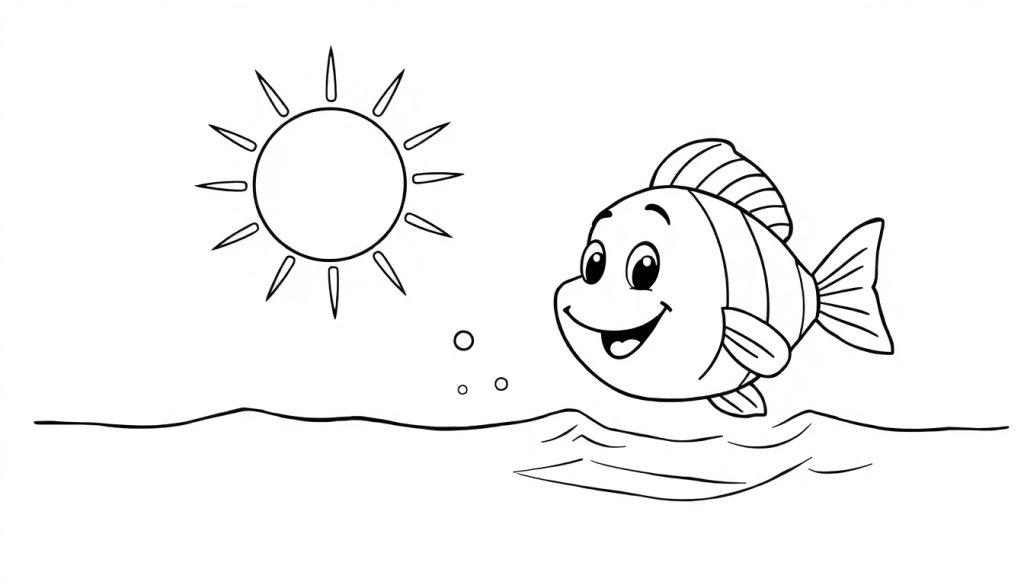 Dit is een vrolijke kleurplaat met een lachende vis en een zonnige lucht. De vis heeft grote ogen en wordt omringd door luchtbelletjes. In de bovenhoek is een grote, stralende zon te zien. Het geheel ziet er vrolijk en kindvriendelijk uit.