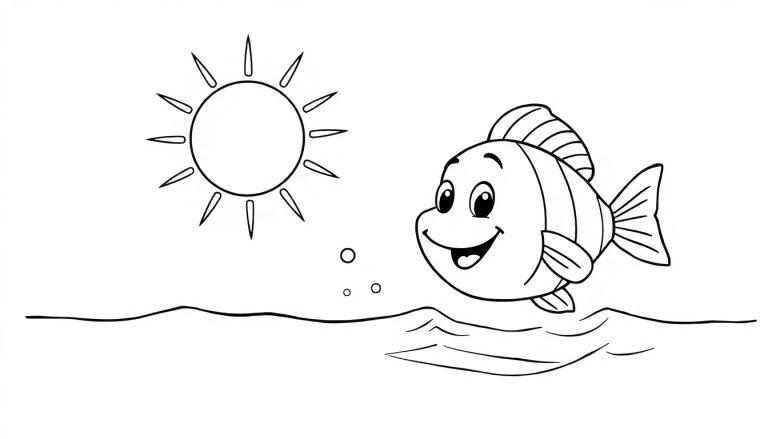 Dit is een vrolijke kleurplaat met een lachende vis en een zonnige lucht. De vis heeft grote ogen en wordt omringd door luchtbelletjes. In de bovenhoek is een grote, stralende zon te zien. Het geheel ziet er vrolijk en kindvriendelijk uit.