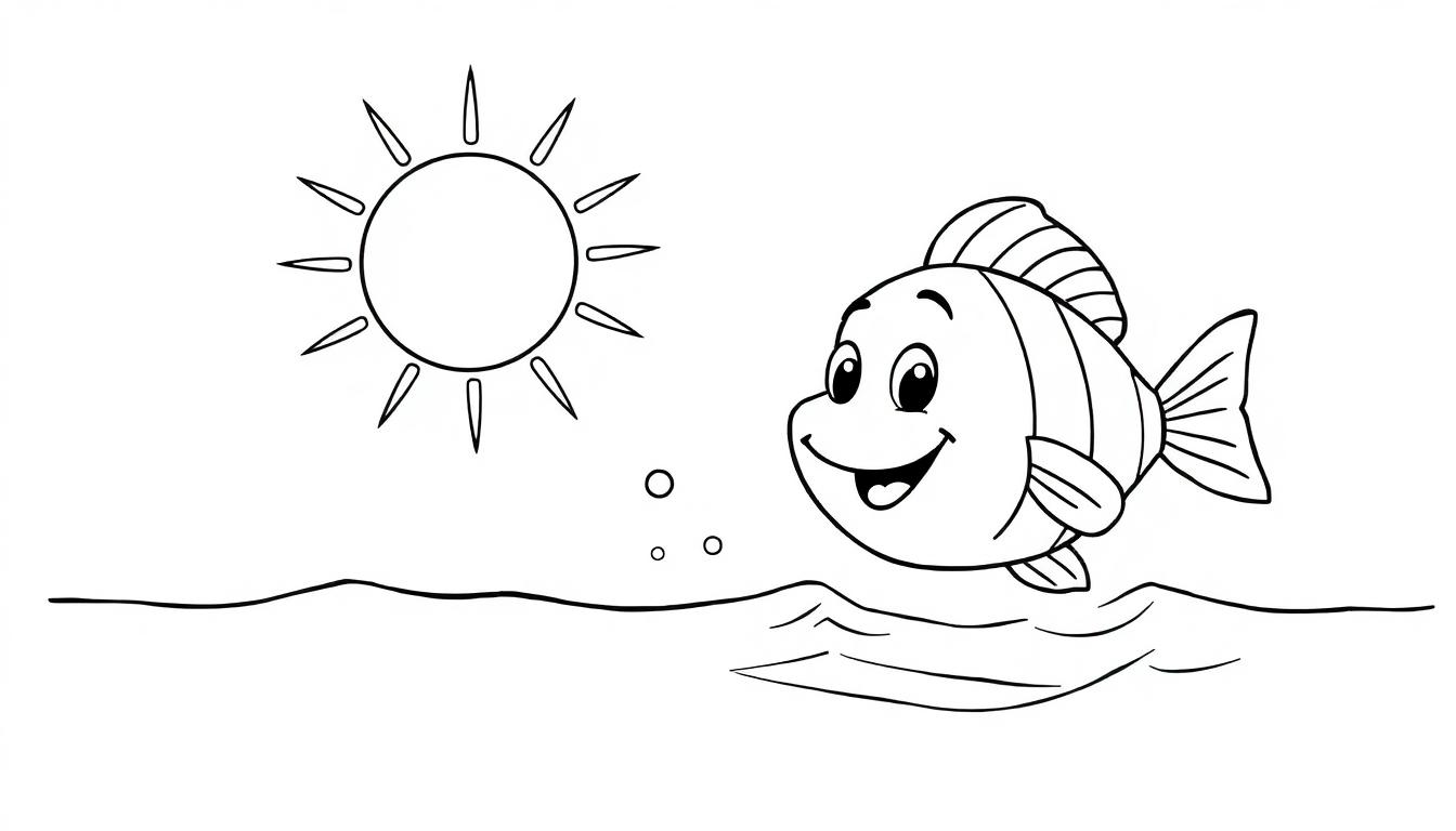 Dit is een vrolijke kleurplaat met een lachende vis en een zonnige lucht. De vis heeft grote ogen en wordt omringd door luchtbelletjes. In de bovenhoek is een grote, stralende zon te zien. Het geheel ziet er vrolijk en kindvriendelijk uit.