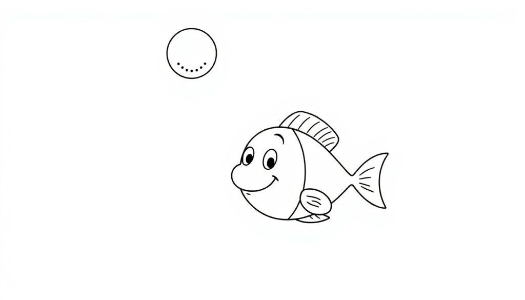 Kinderkleurplaat van een vrolijke vis met grote ogen en een glimlach en een cirkel met stippen rechtsboven.