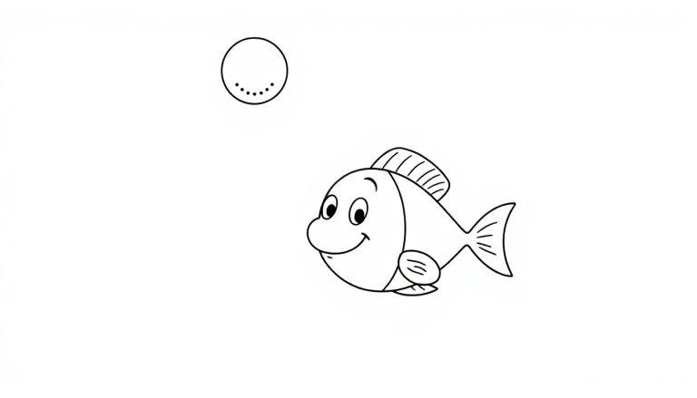 Kinderkleurplaat van een vrolijke vis met grote ogen en een glimlach en een cirkel met stippen rechtsboven.