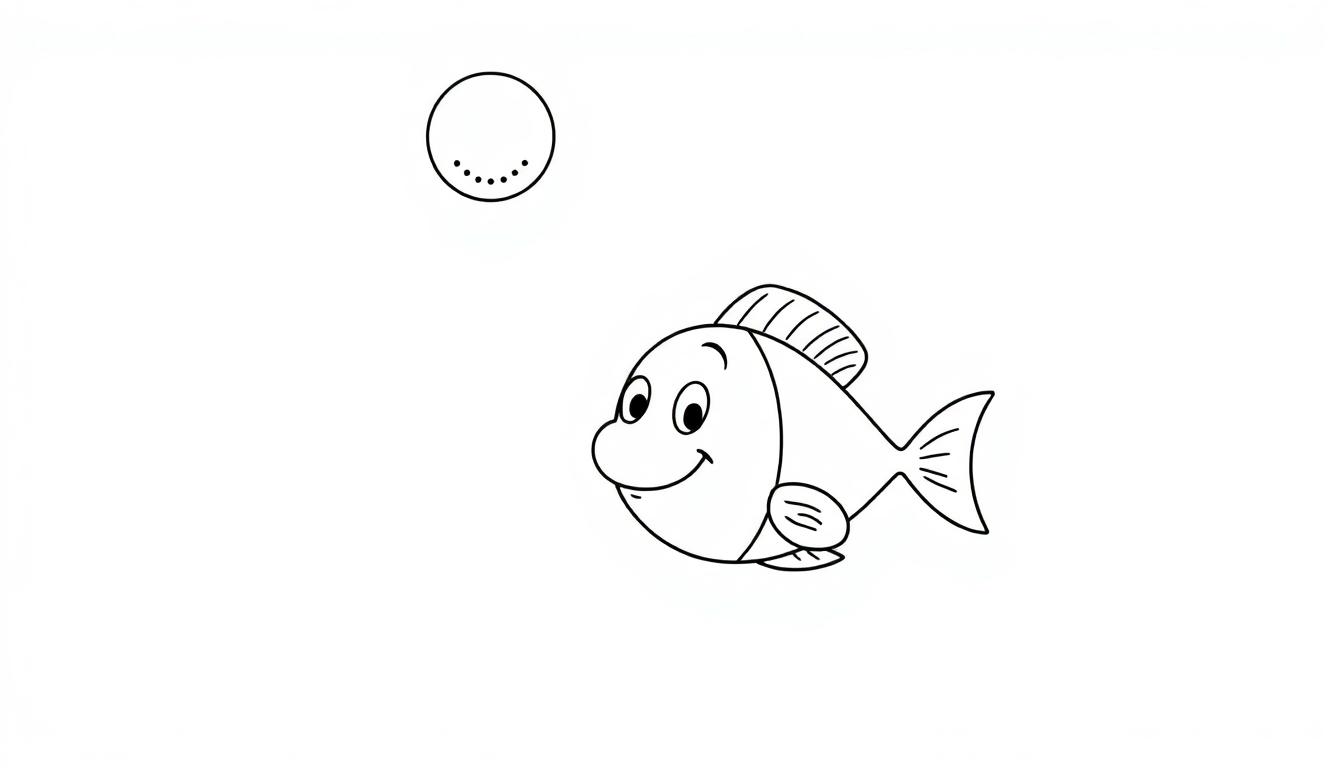 Kinderkleurplaat van een vrolijke vis met grote ogen en een glimlach en een cirkel met stippen rechtsboven.