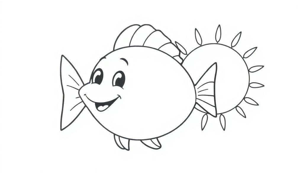 Een vrolijke vis en de zon op een kleurplaat, perfect voor kinderpret.
