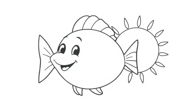 Een vrolijke vis en de zon op een kleurplaat, perfect voor kinderpret.