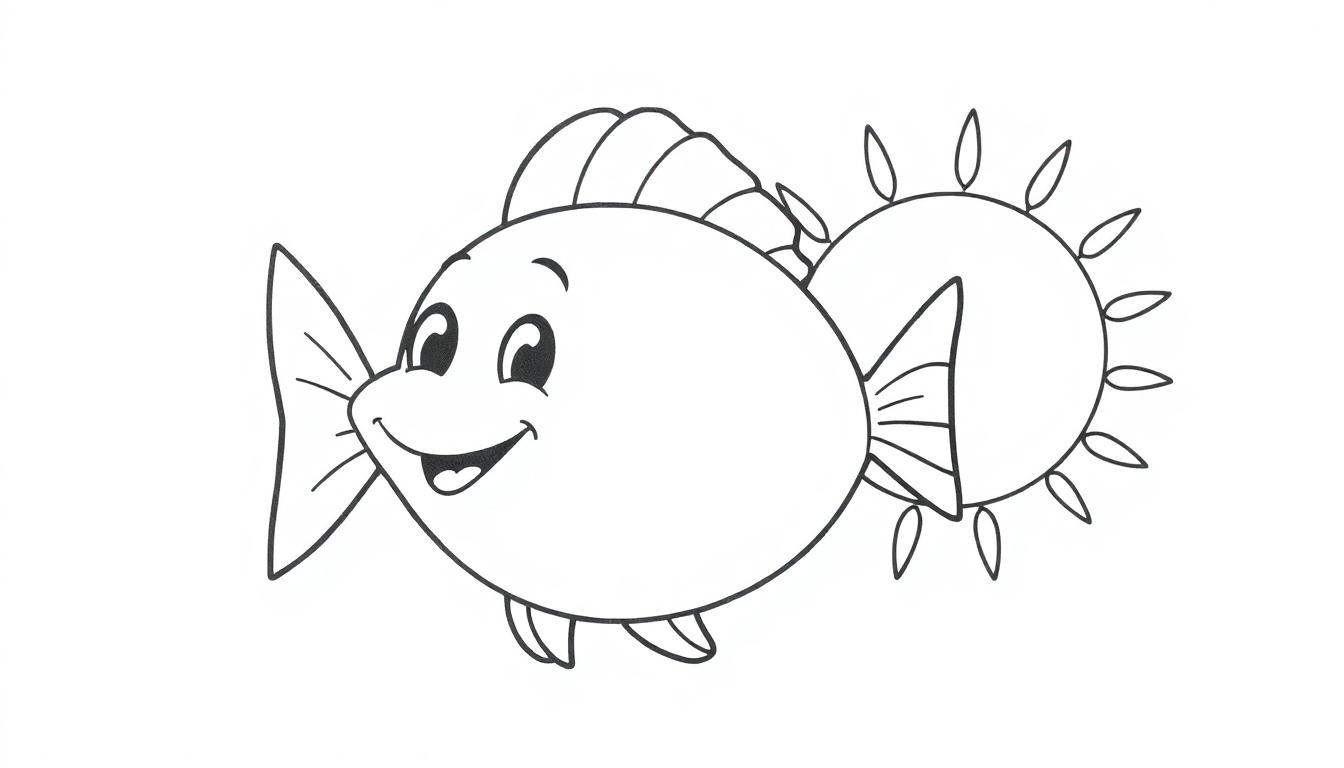 Een vrolijke vis en de zon op een kleurplaat, perfect voor kinderpret.