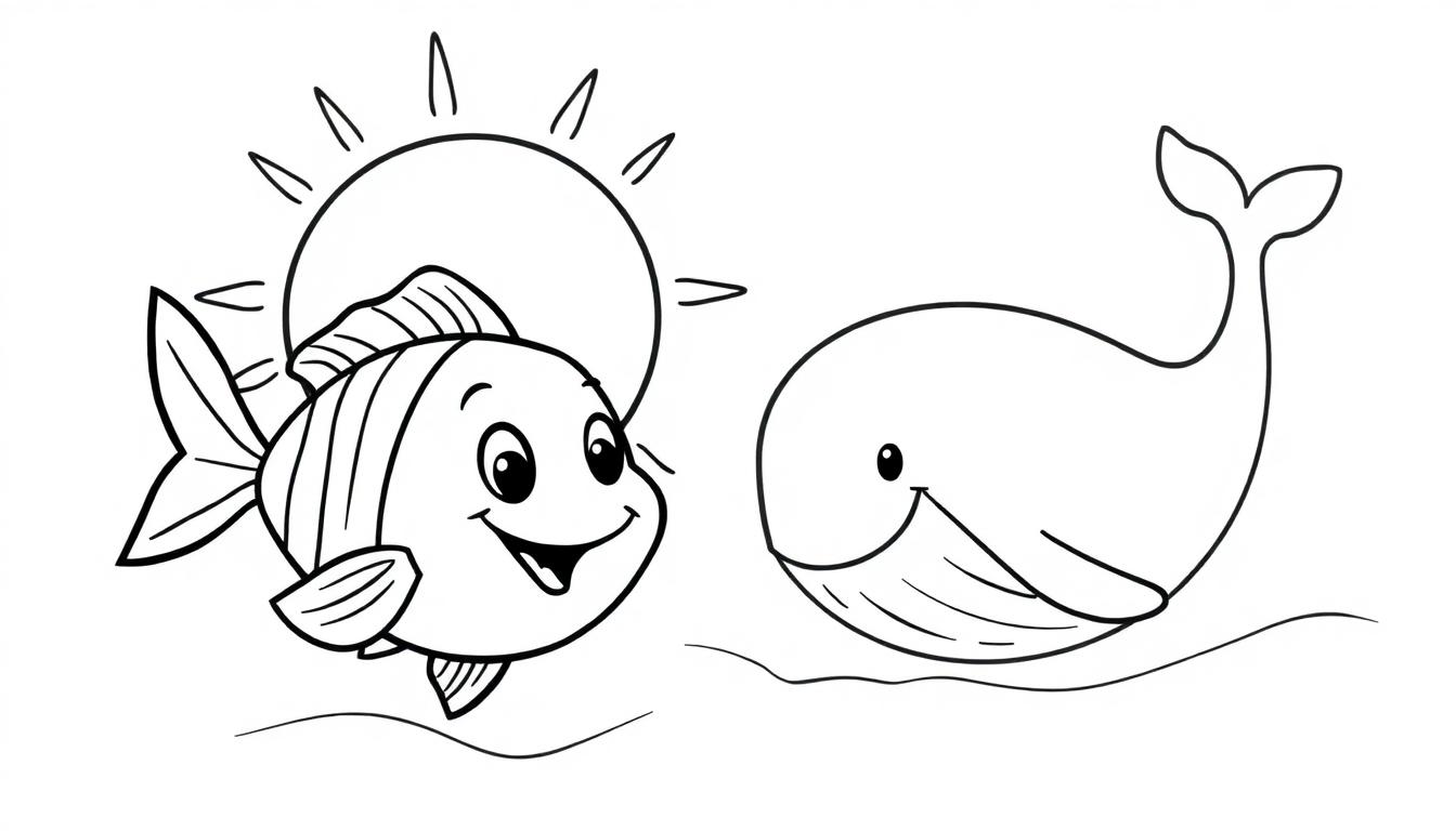 Een leuke kleurplaat van een lachende vis, een blijde walvis en een stralende zon in de oceaan.