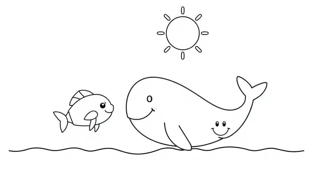 Kleurplaat van een vrolijke walvis, een lachende vis en de zon in het water.