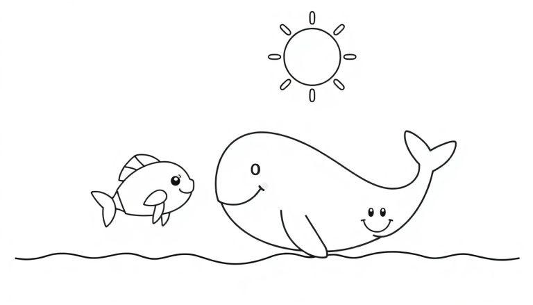 Kleurplaat van een vrolijke walvis, een lachende vis en de zon in het water.