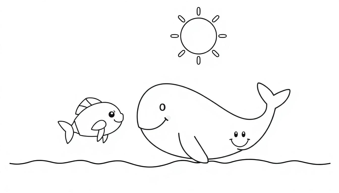 Kleurplaat van een vrolijke walvis, een lachende vis en de zon in het water.