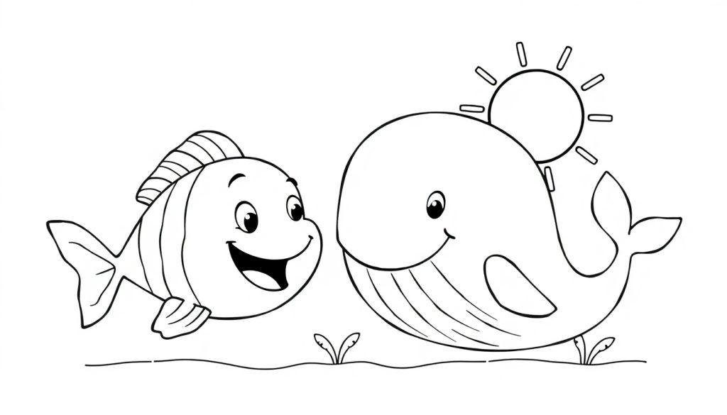 Een kleurplaat van een vrolijke vis en een glimlachende walvis met een zon erboven, waterplanten en waterlijn. Geschikt voor kinderen om in te kleuren.