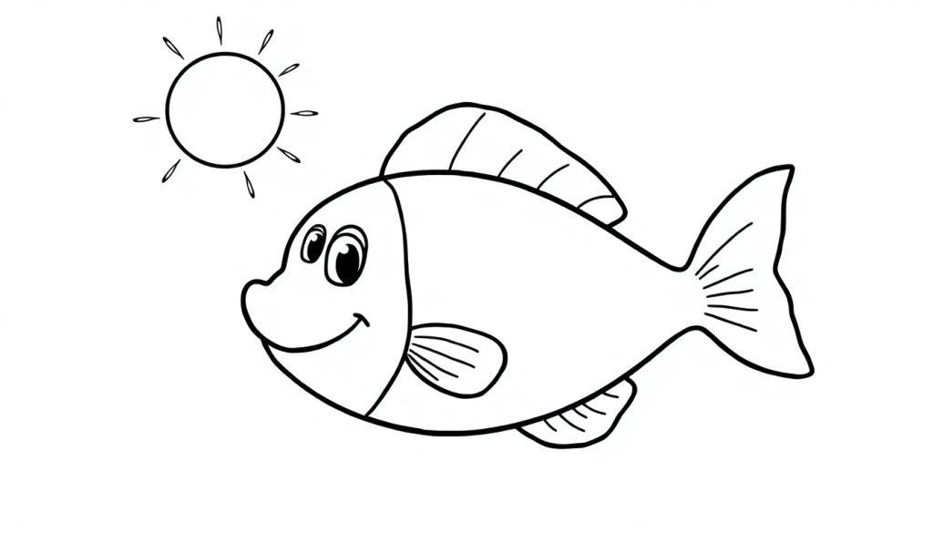 Een vrolijke vis en zon op een kleurplaat voor kinderen