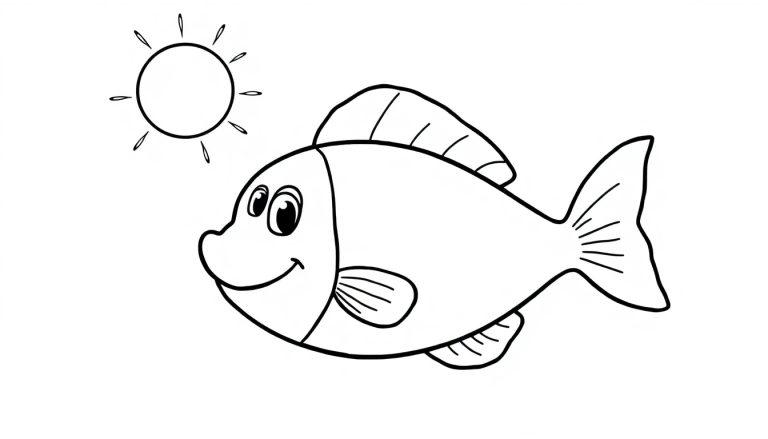 Een vrolijke vis en zon op een kleurplaat voor kinderen