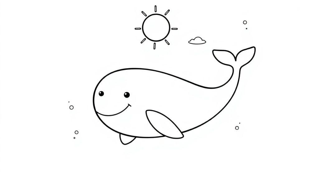 Kleurplaat van een vrolijke walvis onder een zonnetje met wolkje en luchtbellen