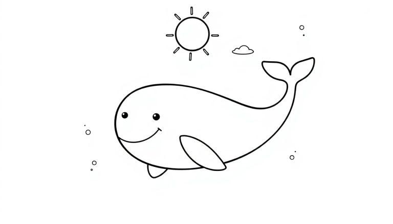 Kleurplaat van een vrolijke walvis onder een zonnetje met wolkje en luchtbellen