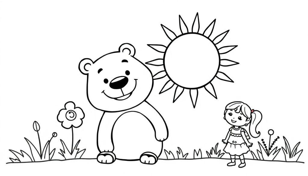 Een kleurplaat met een lachende beer, een klein meisje met een paardenstaart, een grote zon en bloemen in een grasveld. Een vrolijk en kinderspeels plaatje.