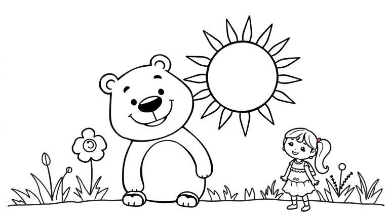 Een kleurplaat met een lachende beer, een klein meisje met een paardenstaart, een grote zon en bloemen in een grasveld. Een vrolijk en kinderspeels plaatje.