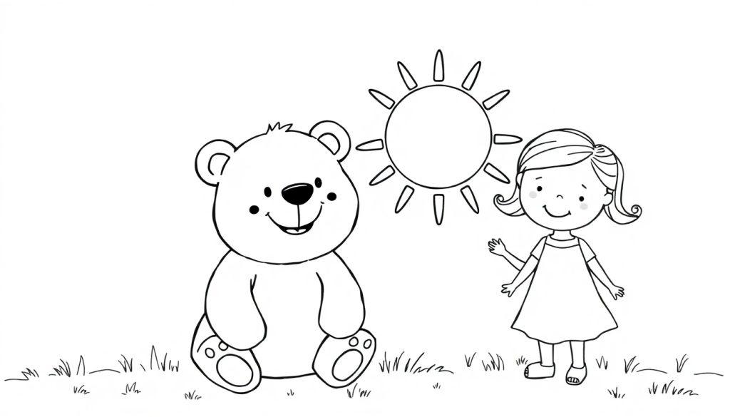 Lachende beer en een kleutermeisje in een kleurplaat met zon en gras.