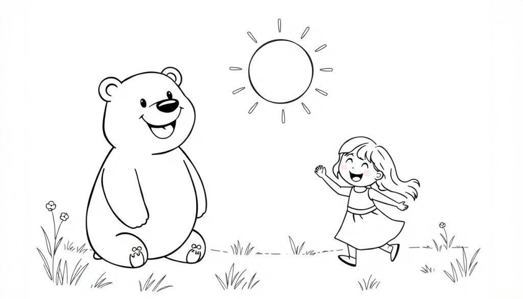 Kleurplaat van een vrolijke beer, een lachende zon en een blij meisje dat naar elkaar toe rent in een veld met bloemen en grassprieten.