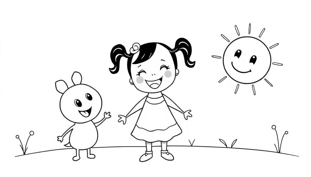 Kleurplaat van een vrolijk meisje met twee staartjes en een konijnachtig figuurtje naast haar, samen onder een lachende zon met gras en plantjes op de grond.