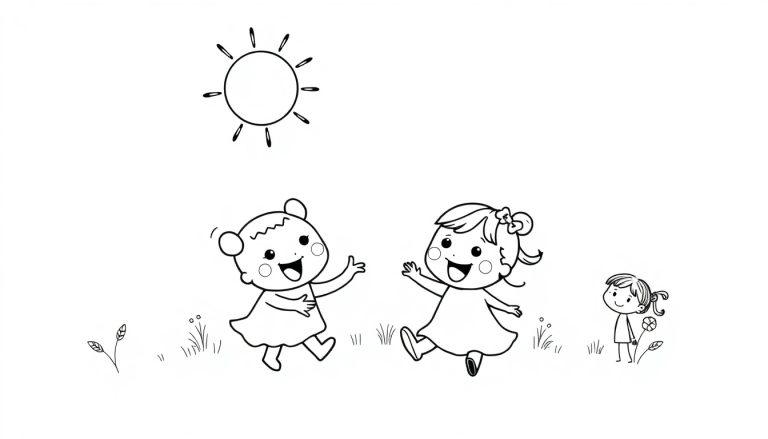 Kleurplaat van twee lachende kinderen die elkaar de hand geven, onder een zon met een eenvoudige achtergrond van gras en bloemen, geschikt voor een kinder kleurboek.