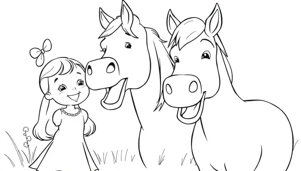 Kleurplaat van een blij meisje met twee lachende paarden in een speelse veld met gras en bloemen.