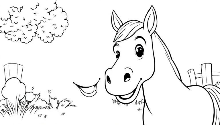 Kleurplaat van een schattig, cartoonachtig paard op het platteland met een hek, een boom, struiken en vogels in de lucht.