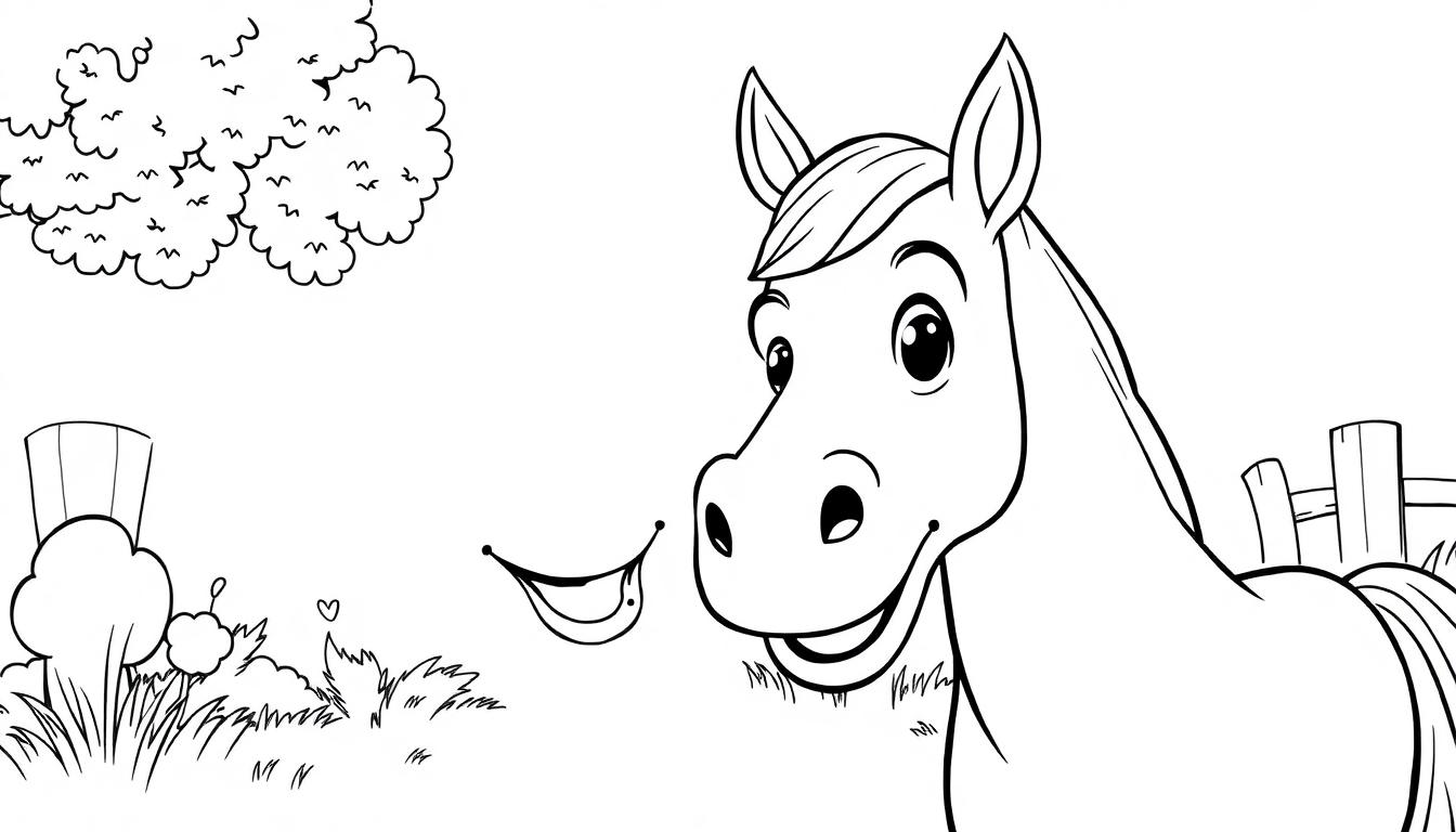 Kleurplaat van een schattig, cartoonachtig paard op het platteland met een hek, een boom, struiken en vogels in de lucht.