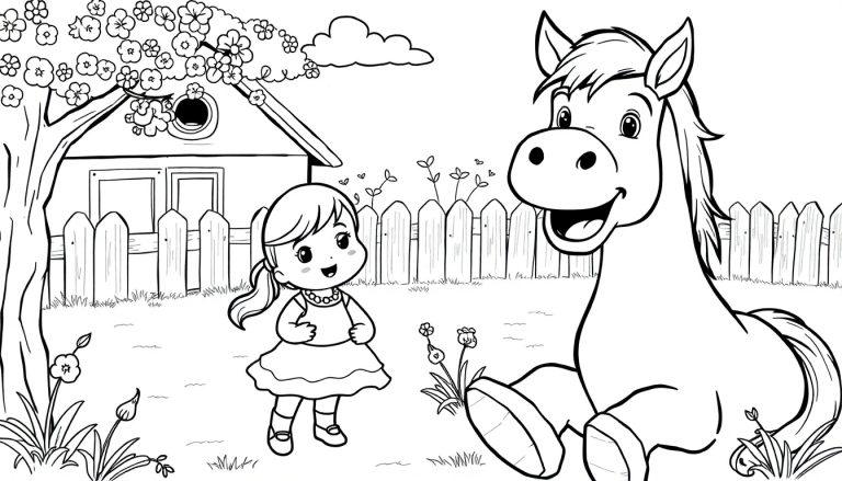 Een vrolijke kleurplaat met een lachend paard en een kleutermeisje in een landelijke omgeving.