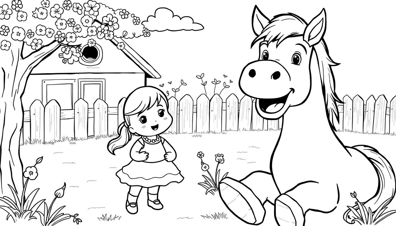 Een vrolijke kleurplaat met een lachend paard en een kleutermeisje in een landelijke omgeving.