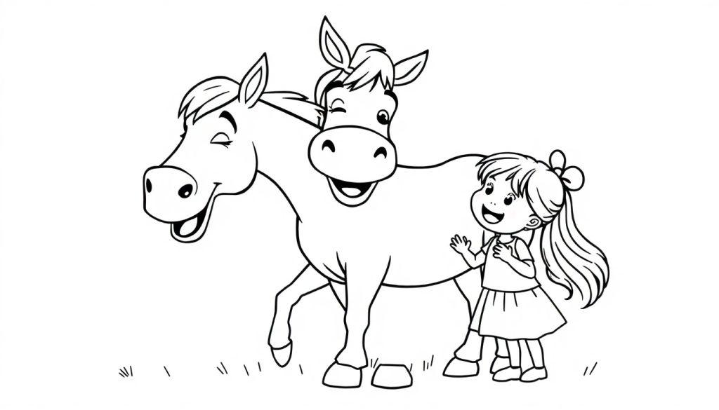 Een zwarte-wit kleurplaat van een vrolijk meisje met lang haar in een staart, dat samen met twee lachende paarden op een grasveld staat.