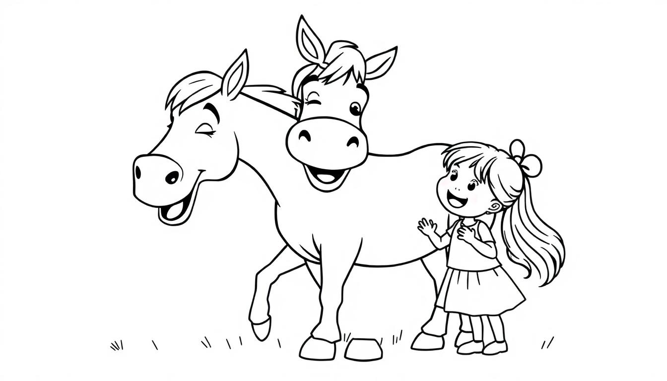 Een zwarte-wit kleurplaat van een vrolijk meisje met lang haar in een staart, dat samen met twee lachende paarden op een grasveld staat.