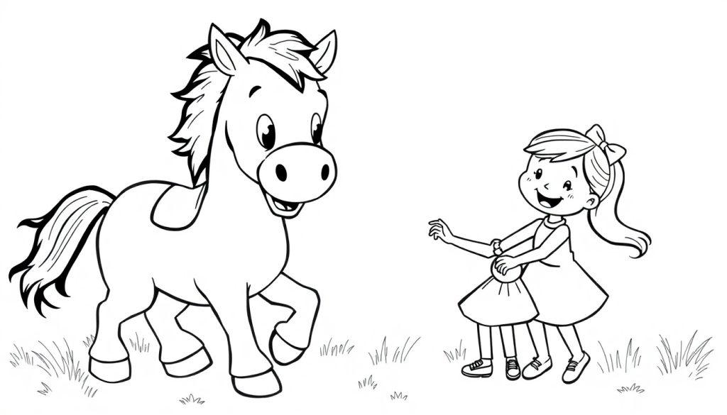 Kort grasveld met een vrolijk paardje dat loopt, een blij meisje met een jurk en strik die naar het paardje wijst, allemaal voor een kleurplaat.
