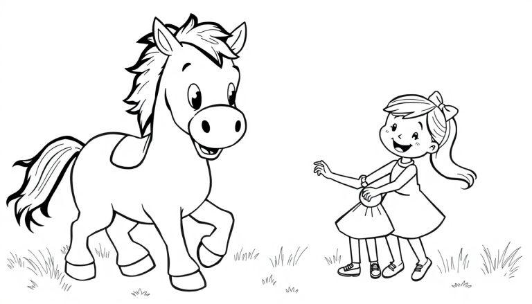 Kort grasveld met een vrolijk paardje dat loopt, een blij meisje met een jurk en strik die naar het paardje wijst, allemaal voor een kleurplaat.