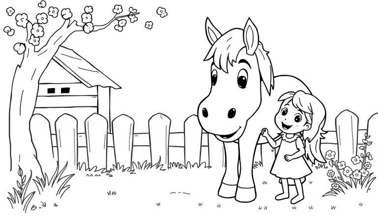 Kleurplaat van een vrolijk meisje dat naast een grote pony staat, omringd door gras, bloemen, een boom met bloesems en een klein huisje, allemaal in eenvoudige cartoonstijl.